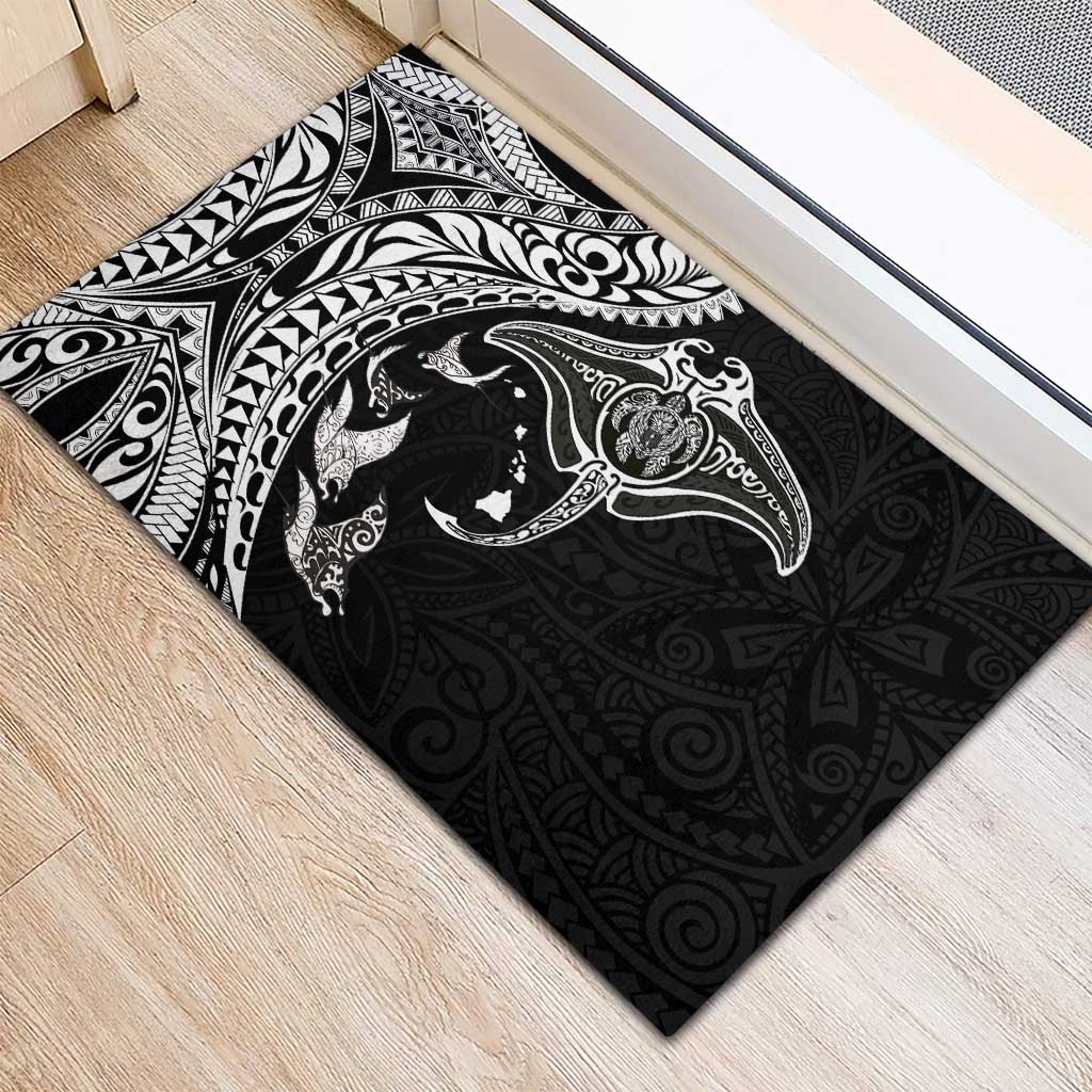 Hawaiian Manta Ray and Polynesian Tribal Tattoo Rubber Doormat Black Color LT03