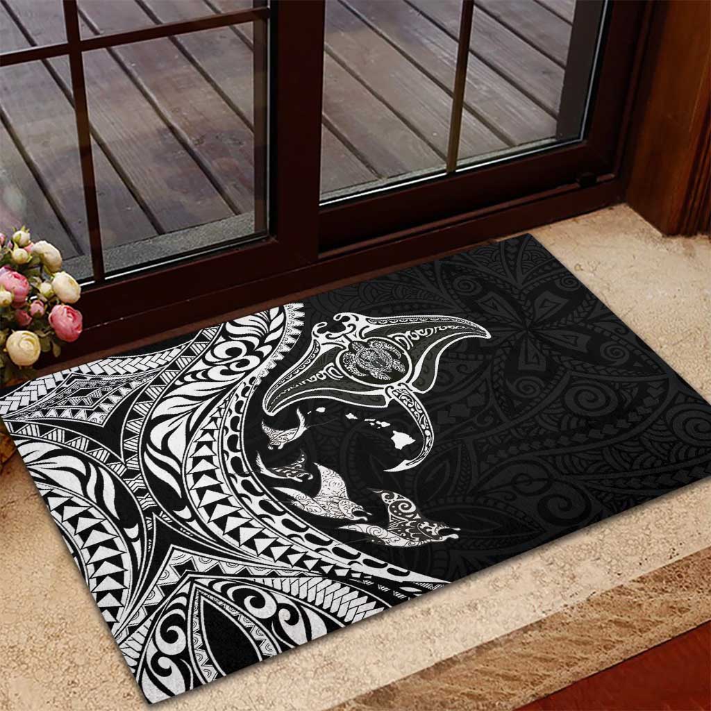 Hawaiian Manta Ray and Polynesian Tribal Tattoo Rubber Doormat Black Color LT03