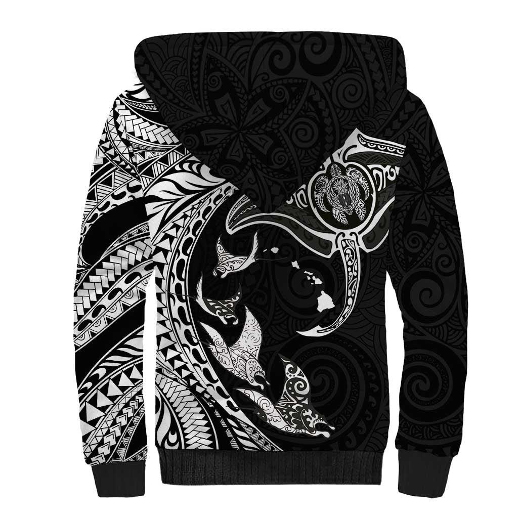 Hawaiian Manta Ray and Polynesian Tribal Tattoo Sherpa Hoodie Black Color LT03 - Polynesian Pride