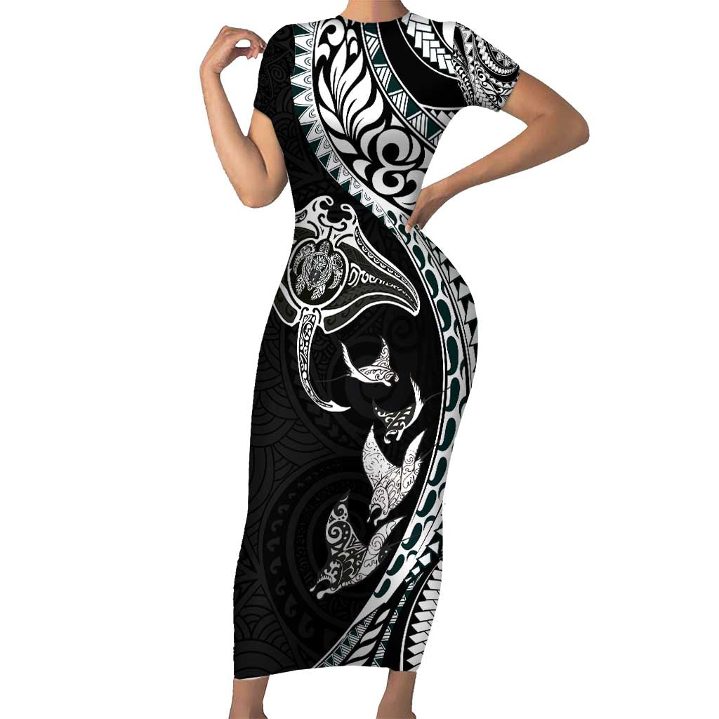 Hawaiian Manta Ray and Polynesian Tribal Tattoo Short Sleeve Bodycon Dress Black Color LT03 Long Dress Black - Polynesian Pride