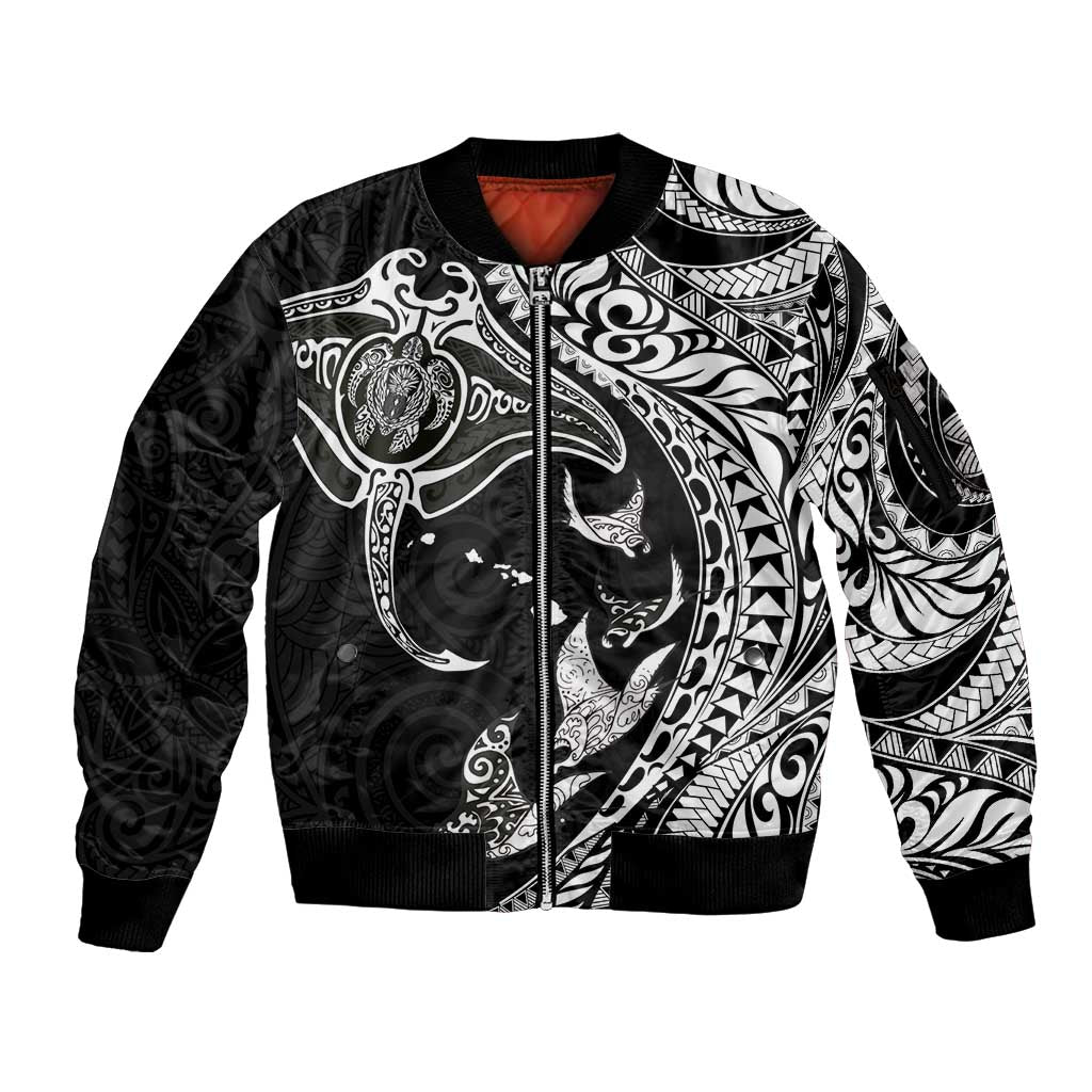 Hawaiian Manta Ray and Polynesian Tribal Tattoo Sleeve Zip Bomber Jacket Black Color LT03 Unisex Black - Polynesian Pride