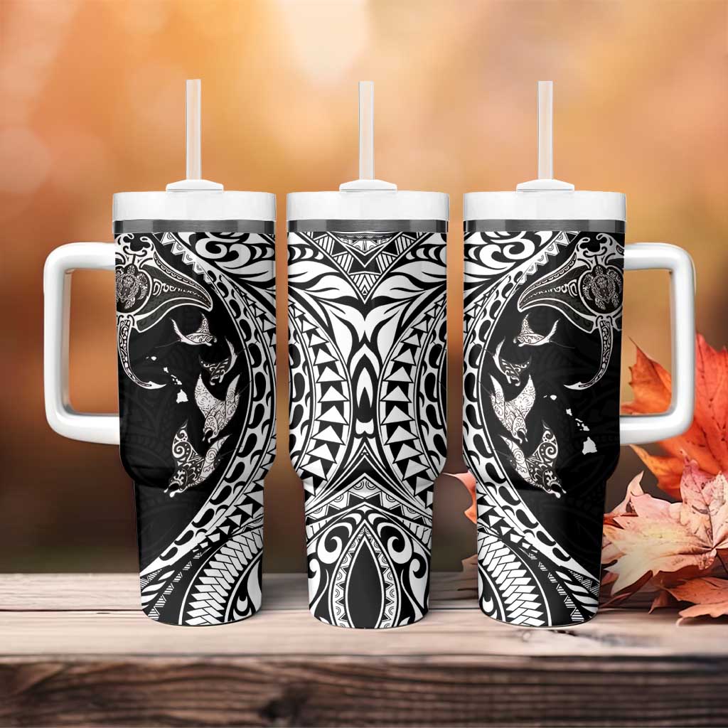 Hawaiian Manta Ray and Polynesian Tribal Tattoo Tumbler With Handle Black Color