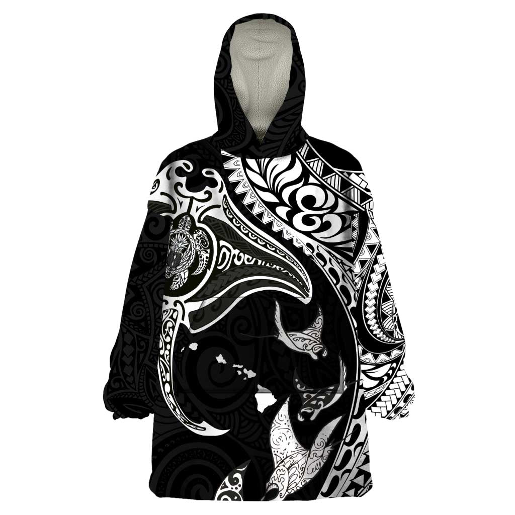 Hawaiian Manta Ray and Polynesian Tribal Tattoo Wearable Blanket Hoodie Black Color LT03 One Size Black - Polynesian Pride
