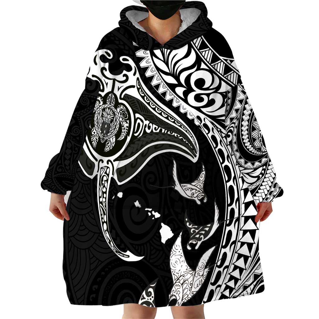 Hawaiian Manta Ray and Polynesian Tribal Tattoo Wearable Blanket Hoodie Black Color LT03 - Polynesian Pride