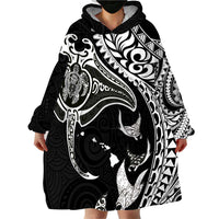 Hawaiian Manta Ray and Polynesian Tribal Tattoo Wearable Blanket Hoodie Black Color LT03 - Polynesian Pride