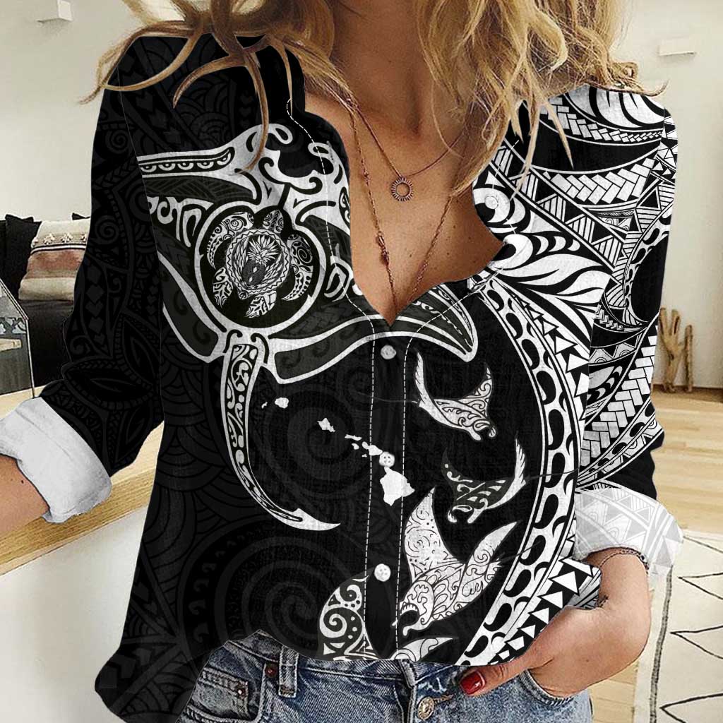 Hawaiian Manta Ray and Polynesian Tribal Tattoo Women Casual Shirt Black Color LT03 Female Black - Polynesian Pride