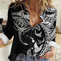 Hawaiian Manta Ray and Polynesian Tribal Tattoo Women Casual Shirt Black Color LT03 Female Black - Polynesian Pride