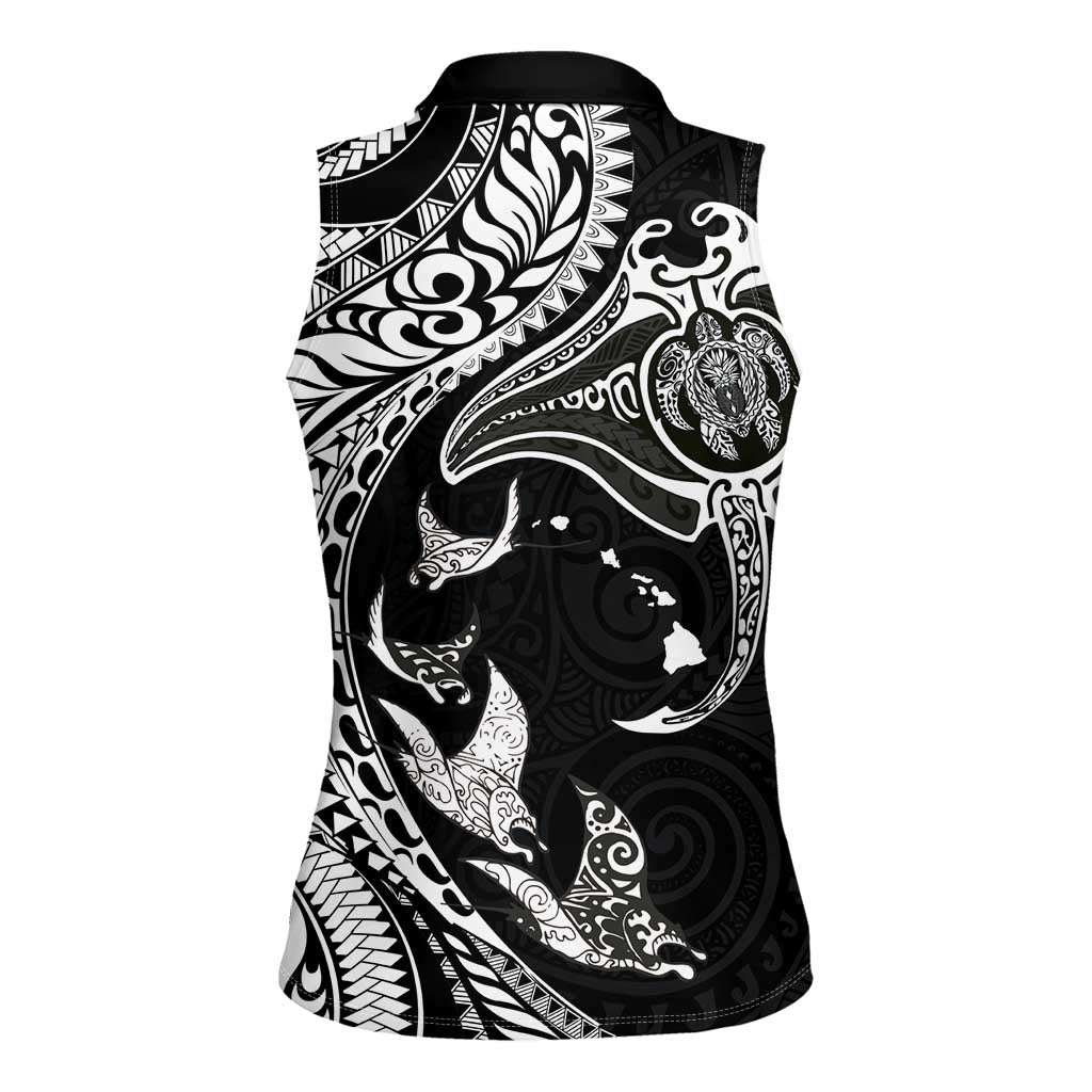 Hawaiian Manta Ray and Polynesian Tribal Tattoo Women Sleeveless Polo Shirt Black Color LT03 - Polynesian Pride