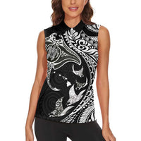 Hawaiian Manta Ray and Polynesian Tribal Tattoo Women Sleeveless Polo Shirt Black Color LT03 - Polynesian Pride