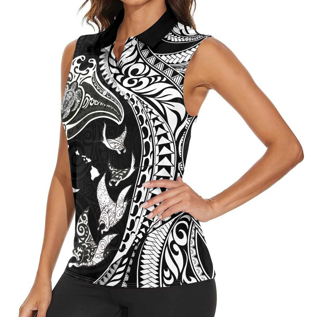 Hawaiian Manta Ray and Polynesian Tribal Tattoo Women Sleeveless Polo Shirt Black Color LT03 - Polynesian Pride