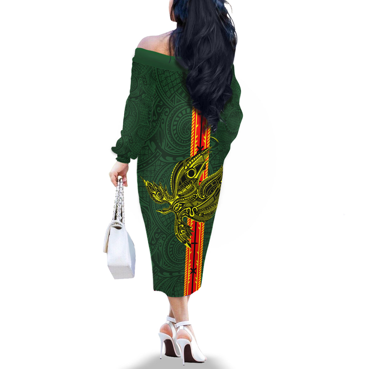Custom Papua New Guinea Oro Province Off The Shoulder Long Sleeve Dress PNG Birds Of Paradise Polynesian Arty Style LT03 - Polynesian Pride