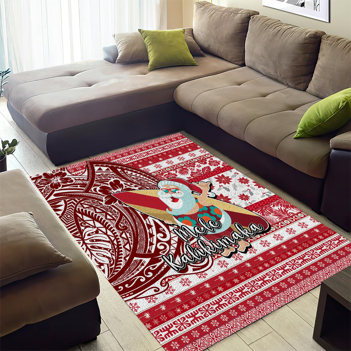 Hawaii Mele Kalikimaka Area Rug Santa Claus Surfing with Hawaiian Pattern Striped Red Style LT03 - Polynesian Pride