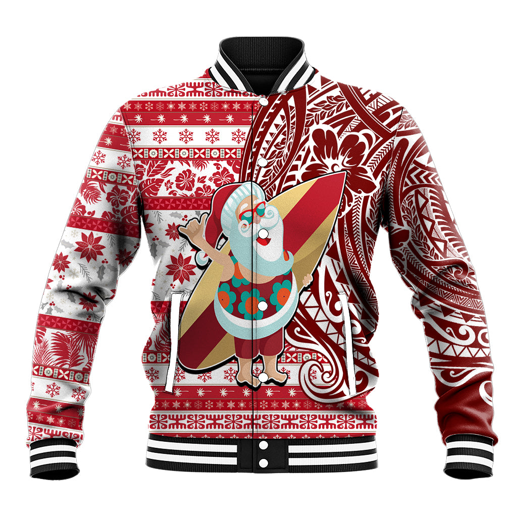 Hawaii Mele Kalikimaka Baseball Jacket Santa Claus Surfing with Hawaiian Pattern Striped Red Style LT03 Unisex Red - Polynesian Pride