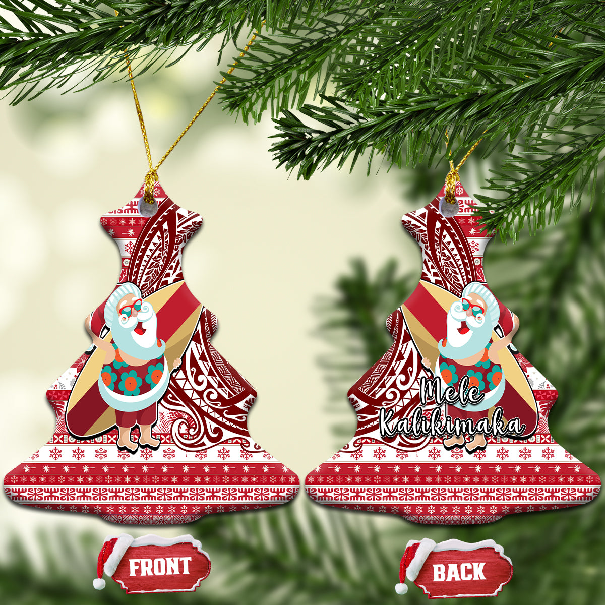 Hawaii Mele Kalikimaka Ceramic Ornament Santa Claus Surfing with Hawaiian Pattern Striped Red Style LT03 Christmas Tree Red - Polynesian Pride