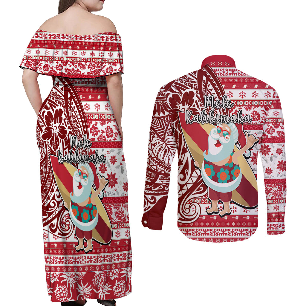 Hawaii Mele Kalikimaka Couples Matching Off Shoulder Maxi Dress and Long Sleeve Button Shirt Santa Claus Surfing with Hawaiian Pattern Striped Red Style LT03 - Polynesian Pride