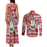 Hawaii Mele Kalikimaka Couples Matching Tank Maxi Dress and Long Sleeve Button Shirt Santa Claus Surfing with Hawaiian Pattern Striped Red Style LT03 - Polynesian Pride