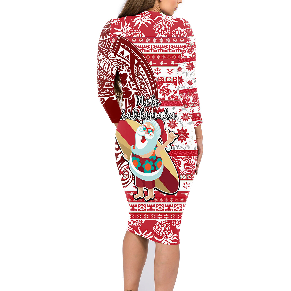 Hawaii Mele Kalikimaka Family Matching Long Sleeve Bodycon Dress and Hawaiian Shirt Santa Claus Surfing with Hawaiian Pattern Striped Red Style LT03 - Polynesian Pride