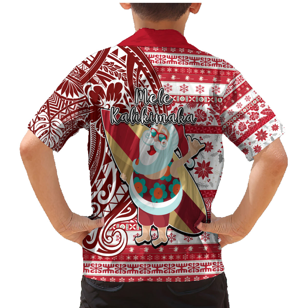 Hawaii Mele Kalikimaka Family Matching Mermaid Dress and Hawaiian Shirt Santa Claus Surfing with Hawaiian Pattern Striped Red Style LT03 - Polynesian Pride