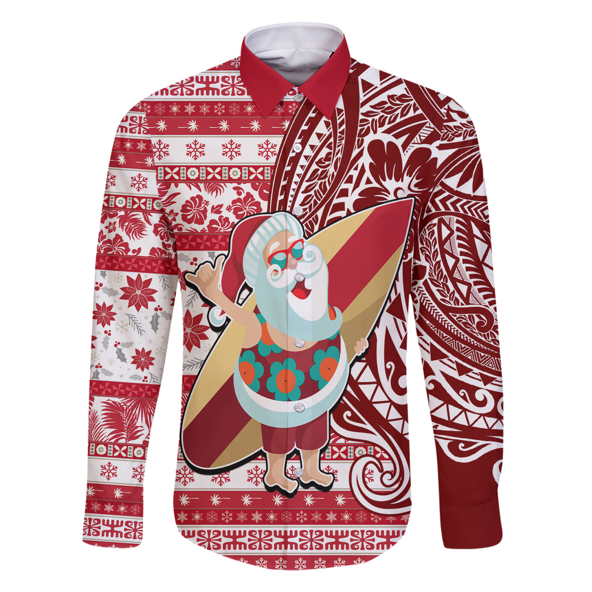 Hawaii Mele Kalikimaka Family Matching Summer Maxi Dress and Hawaiian Shirt Santa Claus Surfing with Hawaiian Pattern Striped Red Style LT03 Dad's Shirt - Long Sleeve Red - Polynesian Pride