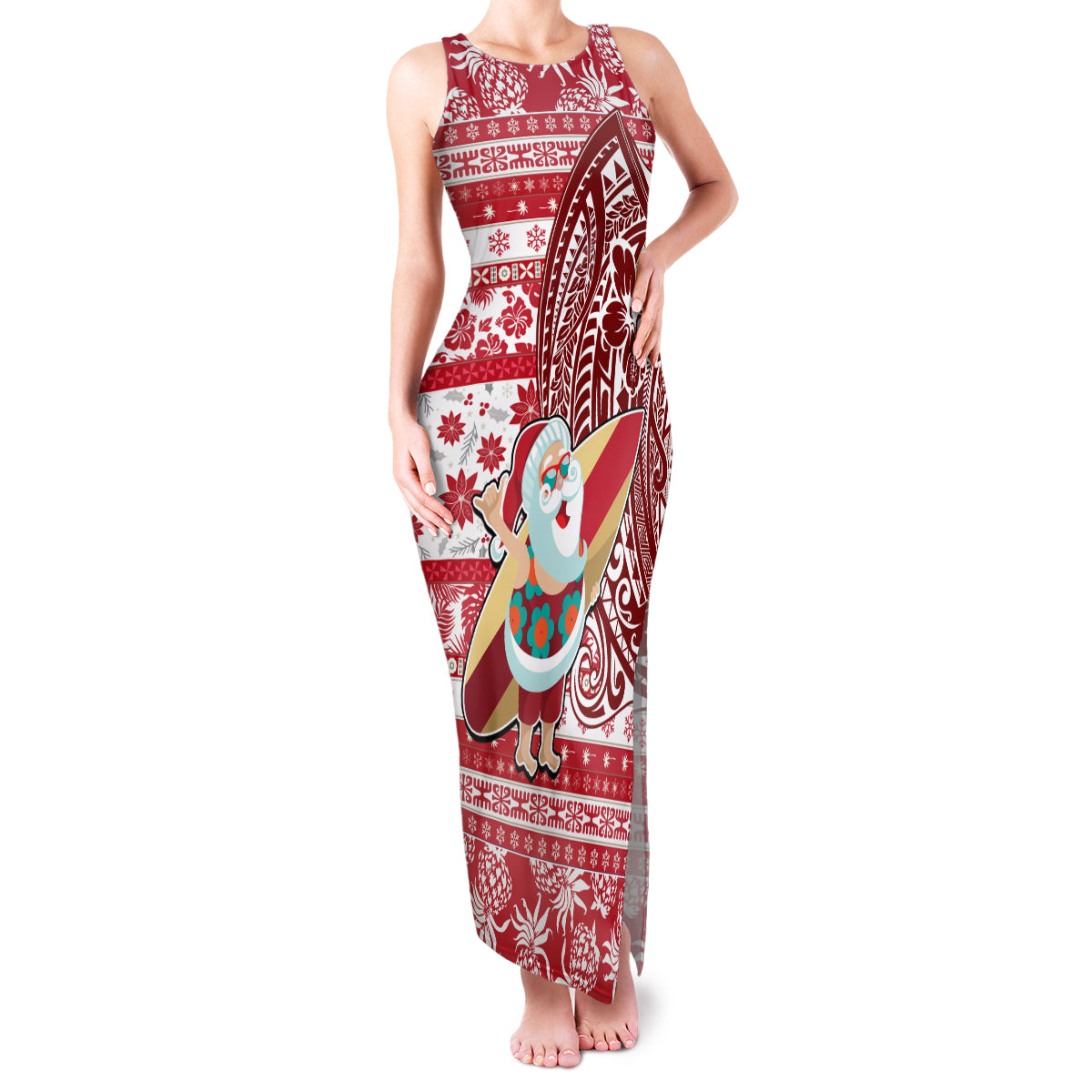 Hawaii Mele Kalikimaka Family Matching Tank Maxi Dress and Hawaiian Shirt Santa Claus Surfing with Hawaiian Pattern Striped Red Style LT03 Mom's Dress Red - Polynesian Pride