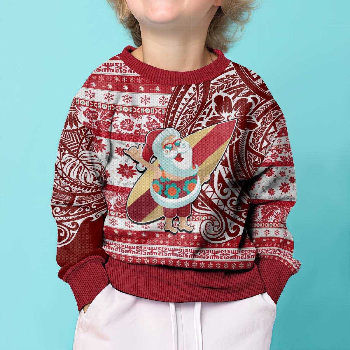 Hawaii Mele Kalikimaka Kid Ugly Christmas Sweater Santa Claus Surfing with Hawaiian Pattern Striped Red Style LT03 - Polynesian Pride