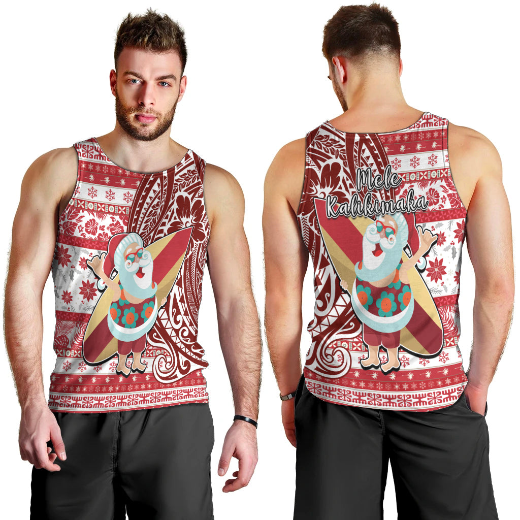 Hawaii Mele Kalikimaka Men Tank Top Santa Claus Surfing with Hawaiian Pattern Striped Red Style LT03 - Polynesian Pride