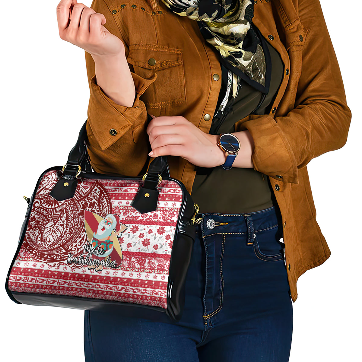 Hawaii Mele Kalikimaka Shoulder Handbag Santa Claus Surfing with Hawaiian Pattern Striped Red Style LT03 - Polynesian Pride