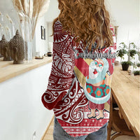Hawaii Mele Kalikimaka Women Casual Shirt Santa Claus Surfing with Hawaiian Pattern Striped Red Style LT03 - Polynesian Pride
