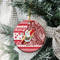 Custom Hawaii Mele Kalikimaka Ceramic Ornament Santa Claus Surfing with Hawaiian Pattern Striped Red Style LT03 - Polynesian Pride