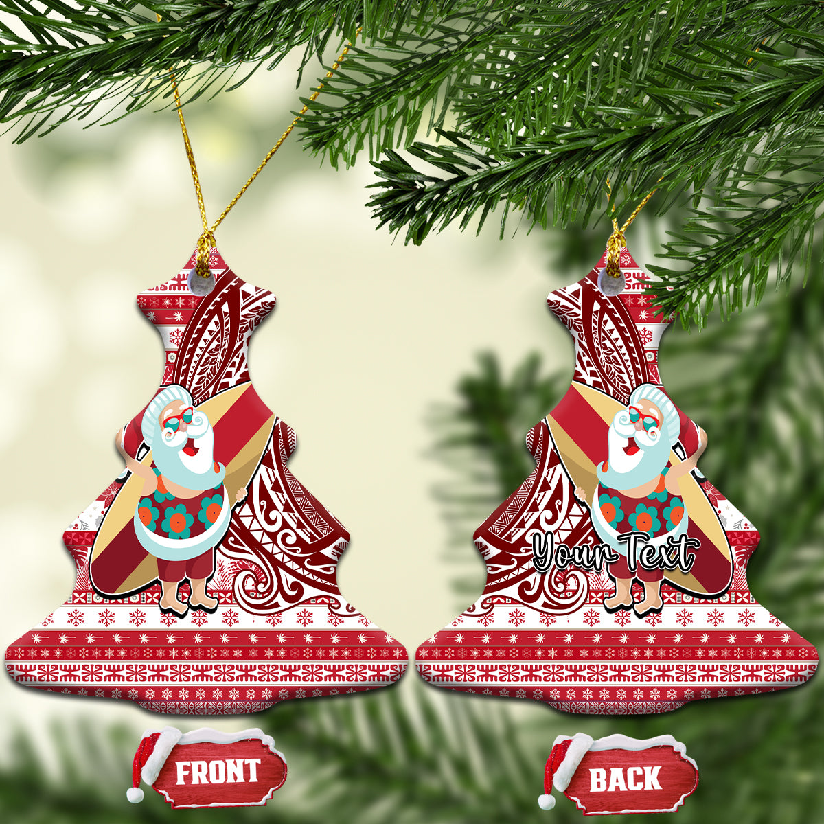Custom Hawaii Mele Kalikimaka Ceramic Ornament Santa Claus Surfing with Hawaiian Pattern Striped Red Style LT03 Christmas Tree Red - Polynesian Pride