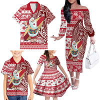 Custom Hawaii Mele Kalikimaka Family Matching Off Shoulder Long Sleeve Dress and Hawaiian Shirt Santa Claus Surfing with Hawaiian Pattern Striped Red Style LT03 - Polynesian Pride