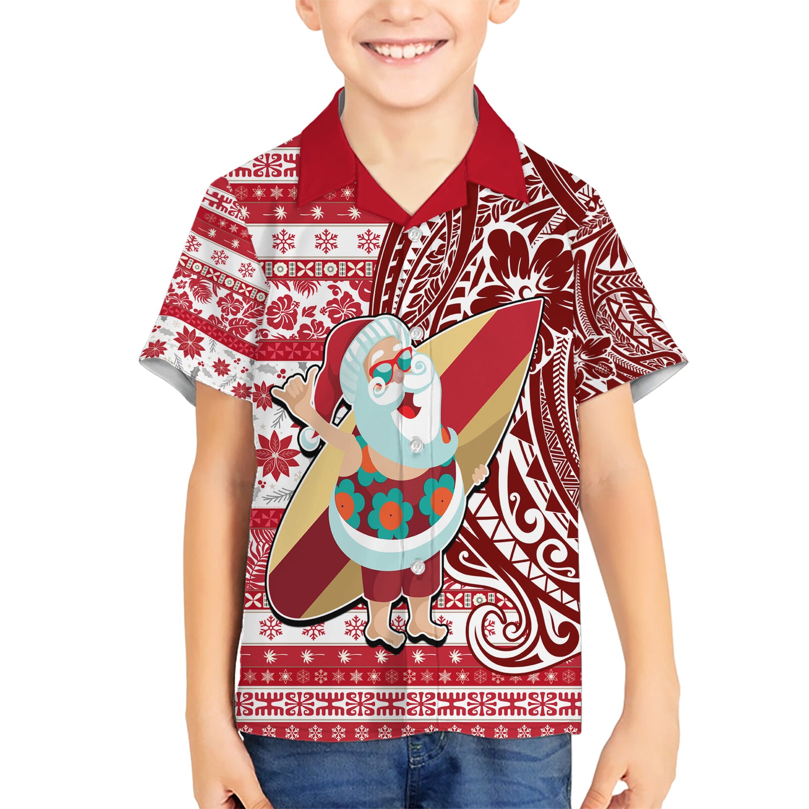 Custom Hawaii Mele Kalikimaka Kid Hawaiian Shirt Santa Claus Surfing with Hawaiian Pattern Striped Red Style LT03 Kid Red - Polynesian Pride
