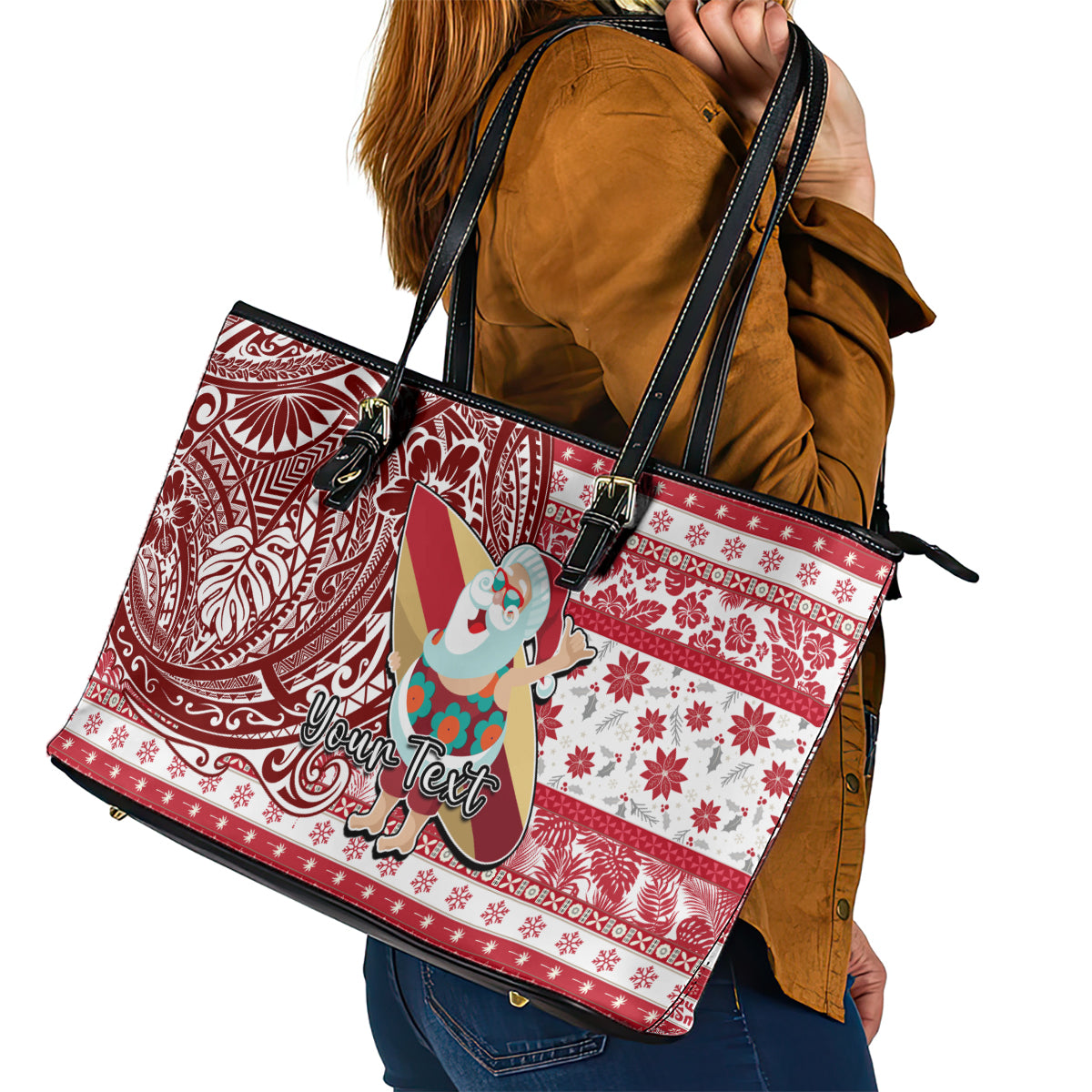 Custom Hawaii Mele Kalikimaka Leather Tote Bag Santa Claus Surfing with Hawaiian Pattern Striped Red Style LT03 - Polynesian Pride