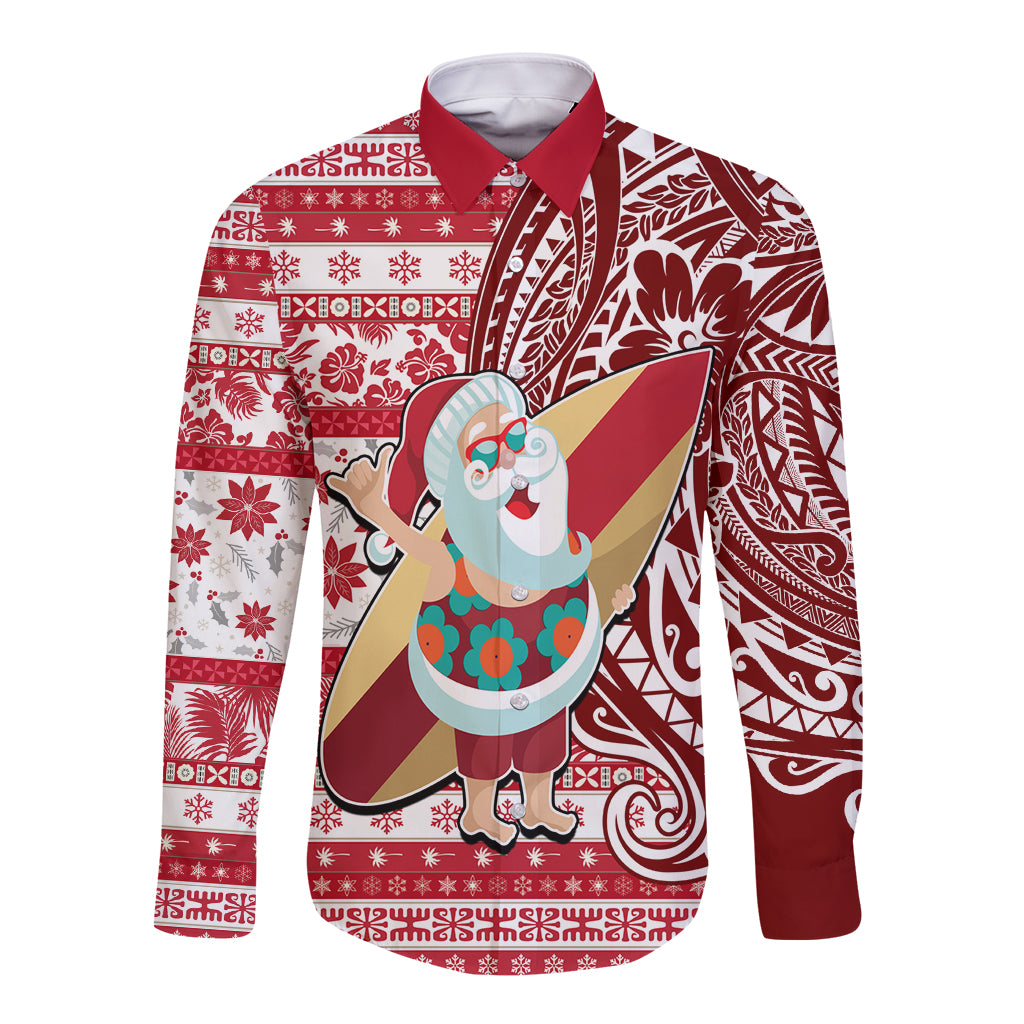 Custom Hawaii Mele Kalikimaka Long Sleeve Button Shirt Santa Claus Surfing with Hawaiian Pattern Striped Red Style LT03 Unisex Red - Polynesian Pride