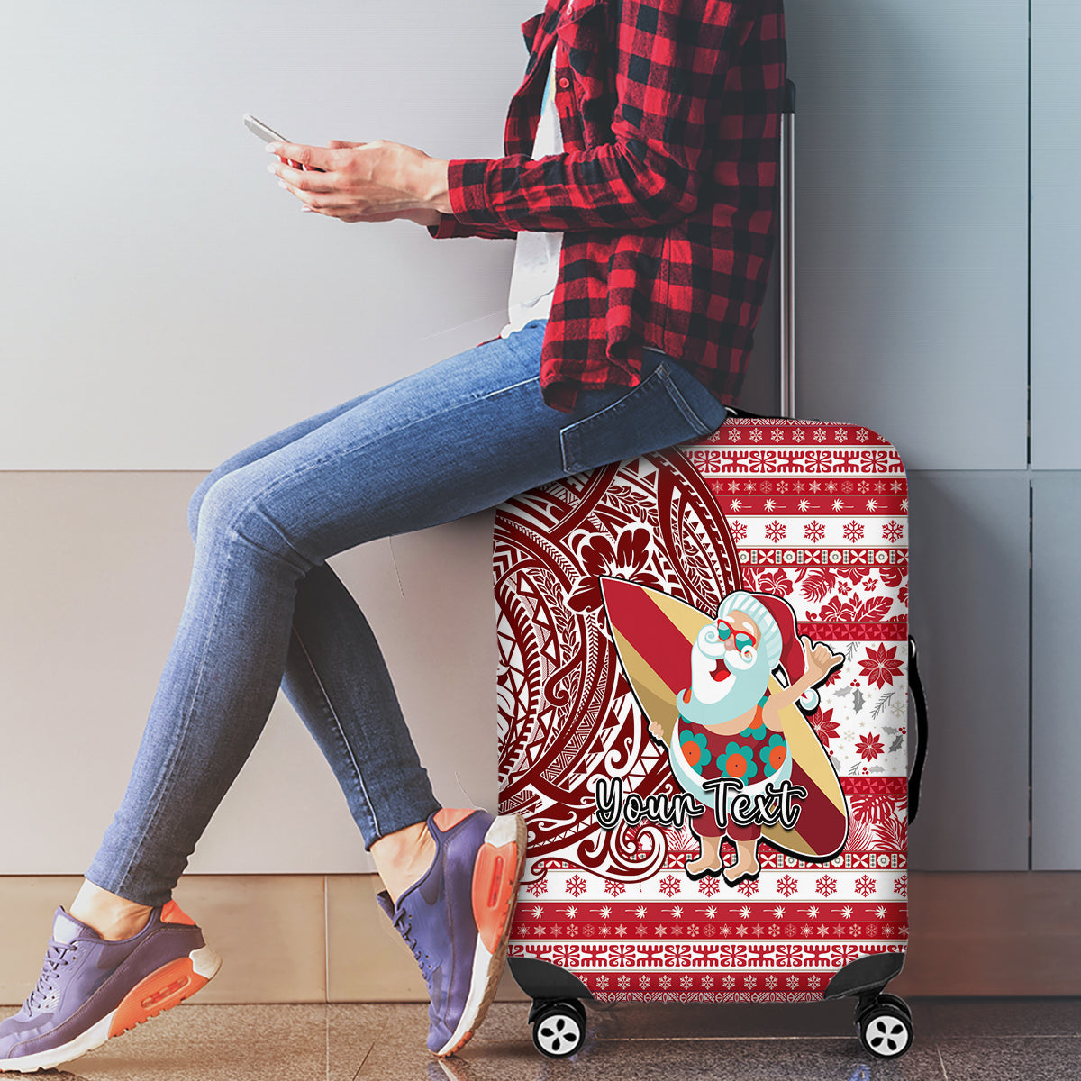 Custom Hawaii Mele Kalikimaka Luggage Cover Santa Claus Surfing with Hawaiian Pattern Striped Red Style LT03 - Polynesian Pride