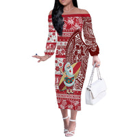 Custom Hawaii Mele Kalikimaka Off The Shoulder Long Sleeve Dress Santa Claus Surfing with Hawaiian Pattern Striped Red Style LT03 Women Red - Polynesian Pride