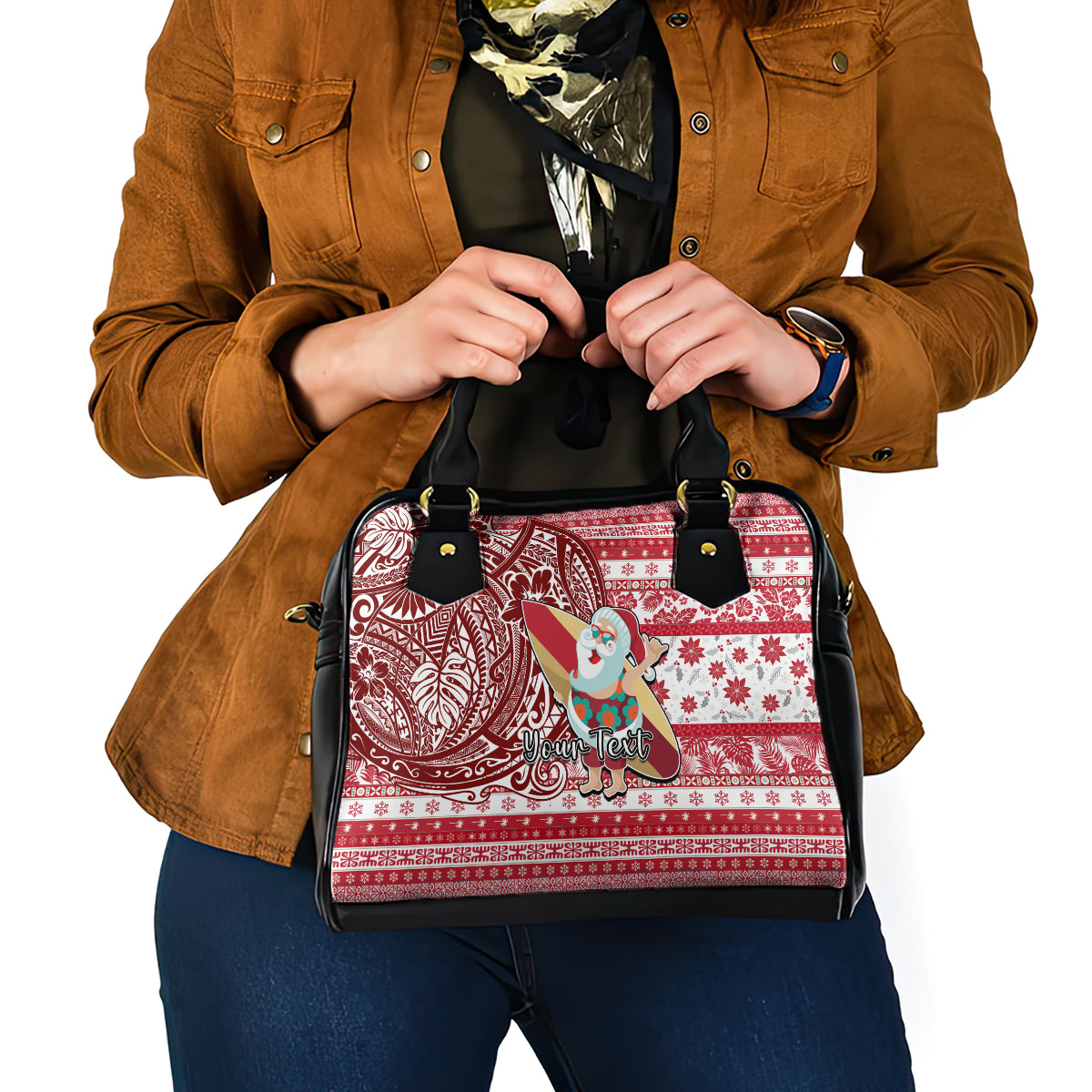 Custom Hawaii Mele Kalikimaka Shoulder Handbag Santa Claus Surfing with Hawaiian Pattern Striped Red Style LT03 - Polynesian Pride