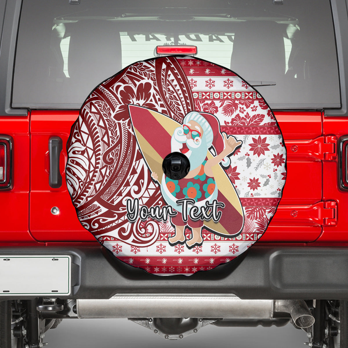 Custom Hawaii Mele Kalikimaka Spare Tire Cover Santa Claus Surfing with Hawaiian Pattern Striped Red Style LT03 - Polynesian Pride