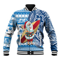 Hawaii Mele Kalikimaka Baseball Jacket Santa Claus Surfing with Hawaiian Pattern Striped Blue Style LT03 Unisex Blue - Polynesian Pride