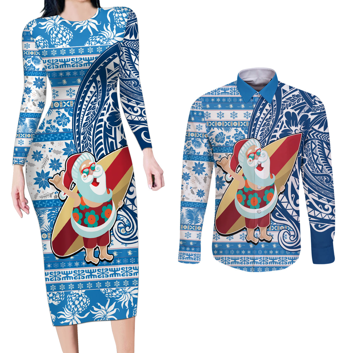 Hawaii Mele Kalikimaka Couples Matching Long Sleeve Bodycon Dress and Long Sleeve Button Shirt Santa Claus Surfing with Hawaiian Pattern Striped Blue Style LT03 Blue - Polynesian Pride