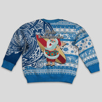 Hawaii Mele Kalikimaka Kid Ugly Christmas Sweater Santa Claus Surfing with Hawaiian Pattern Striped Blue Style LT03 - Polynesian Pride