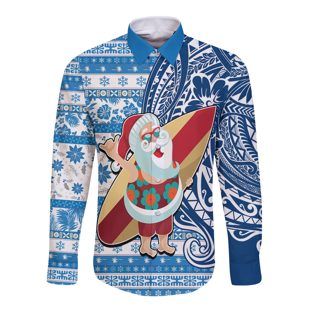 Hawaii Mele Kalikimaka Long Sleeve Button Shirt Santa Claus Surfing with Hawaiian Pattern Striped Blue Style LT03 Unisex Blue - Polynesian Pride