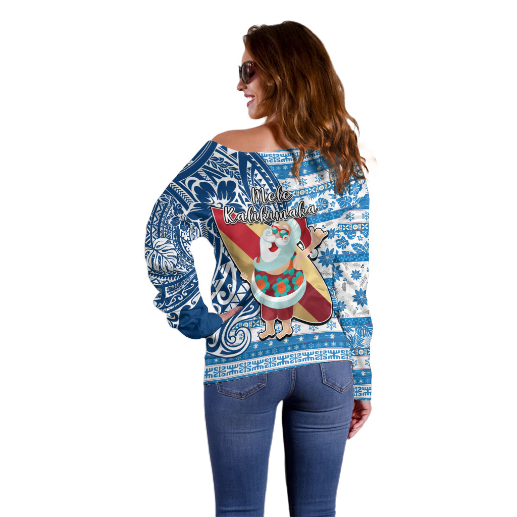Hawaii Mele Kalikimaka Off Shoulder Sweater Santa Claus Surfing with Hawaiian Pattern Striped Blue Style LT03 - Polynesian Pride