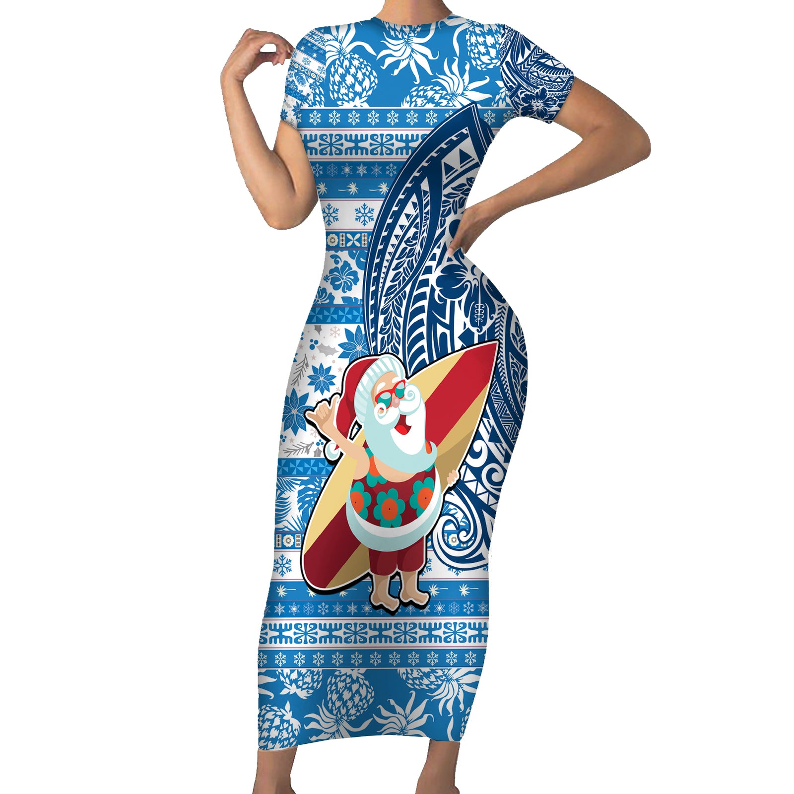 Hawaii Mele Kalikimaka Short Sleeve Bodycon Dress Santa Claus Surfing with Hawaiian Pattern Striped Blue Style LT03 Long Dress Blue - Polynesian Pride