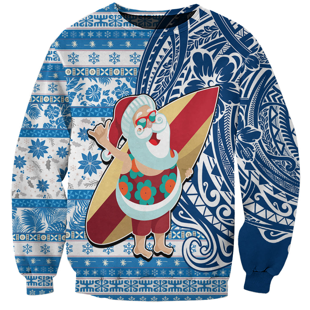 Hawaii Mele Kalikimaka Sweatshirt Santa Claus Surfing with Hawaiian Pattern Striped Blue Style LT03 Unisex Blue - Polynesian Pride