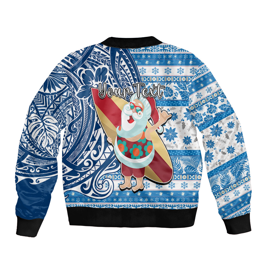 Custom Hawaii Mele Kalikimaka Bomber Jacket Santa Claus Surfing with Hawaiian Pattern Striped Blue Style LT03 - Polynesian Pride