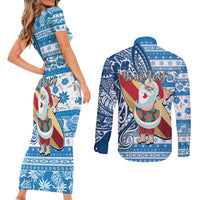 Custom Hawaii Mele Kalikimaka Couples Matching Short Sleeve Bodycon Dress and Long Sleeve Button Shirt Santa Claus Surfing with Hawaiian Pattern Striped Blue Style LT03 - Polynesian Pride