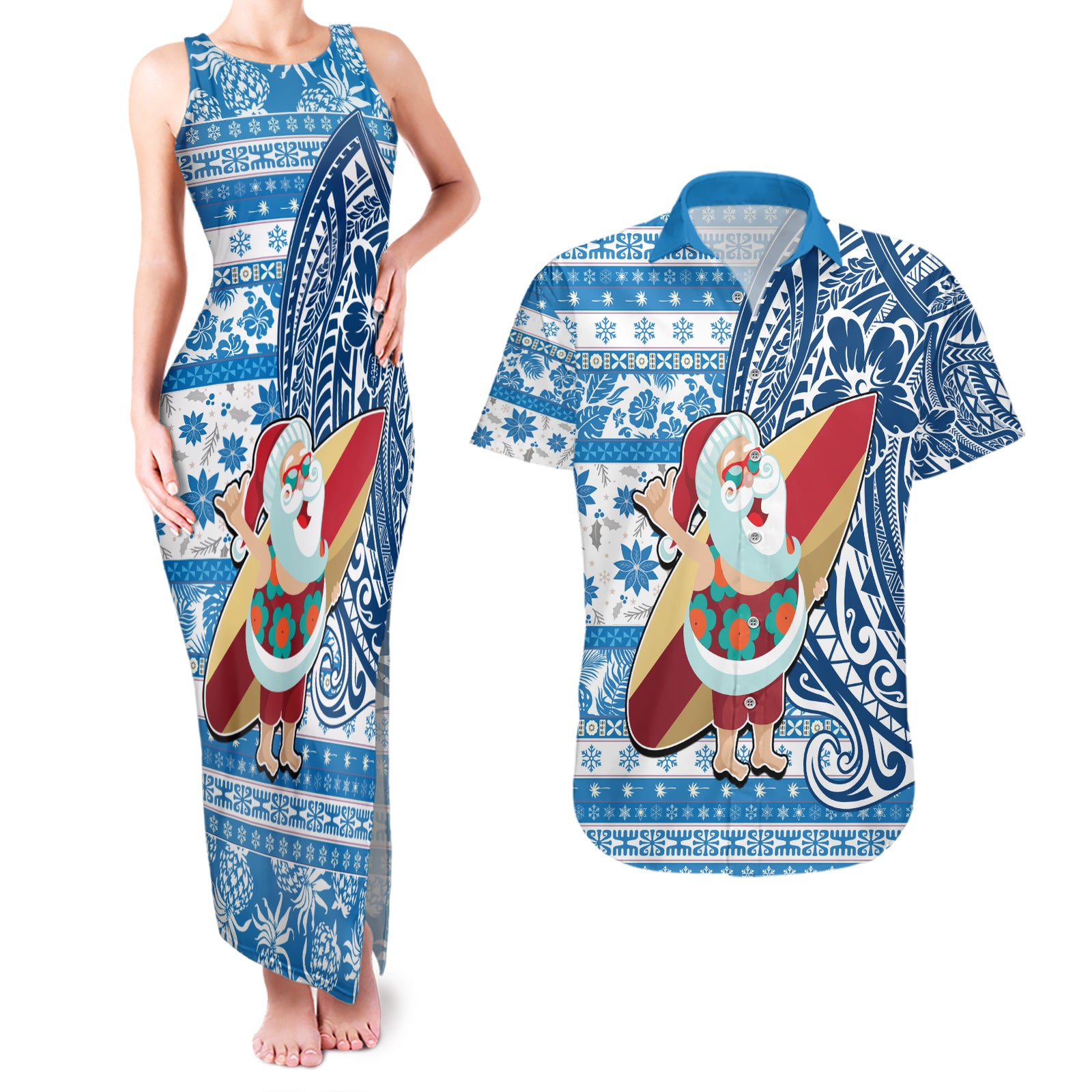 Custom Hawaii Mele Kalikimaka Couples Matching Tank Maxi Dress and Hawaiian Shirt Santa Claus Surfing with Hawaiian Pattern Striped Blue Style LT03 Blue - Polynesian Pride