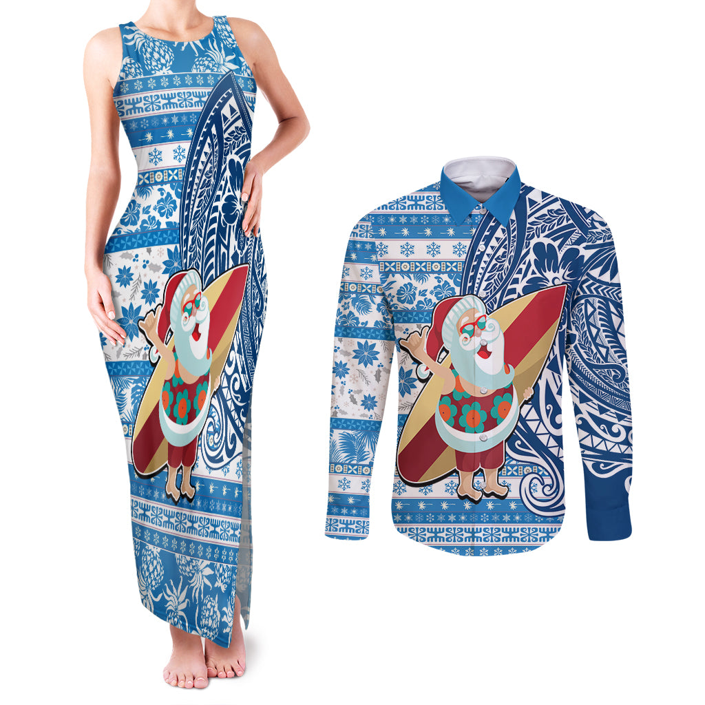 Custom Hawaii Mele Kalikimaka Couples Matching Tank Maxi Dress and Long Sleeve Button Shirt Santa Claus Surfing with Hawaiian Pattern Striped Blue Style LT03 Blue - Polynesian Pride