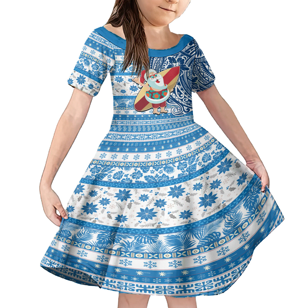 Custom Hawaii Mele Kalikimaka Family Matching Long Sleeve Bodycon Dress and Hawaiian Shirt Santa Claus Surfing with Hawaiian Pattern Striped Blue Style LT03 Daughter's Dress Blue - Polynesian Pride